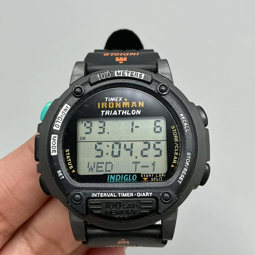 Vintage Timex Ironman Triathlon Mens Watch 44mm Gray Digital 100 Lap Indiglo